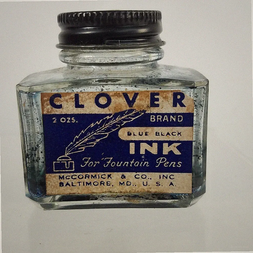 Vtg Clover Fountain Pen Ink Bottle McCormick & Co Baltimore Blue Black Empty